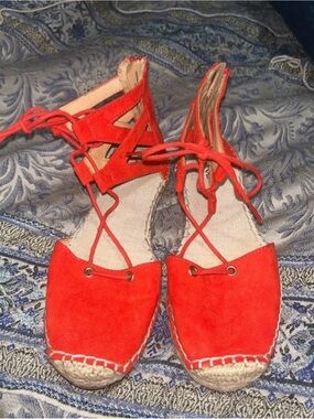 Red Lace-Up Espadrille Wedges - Women